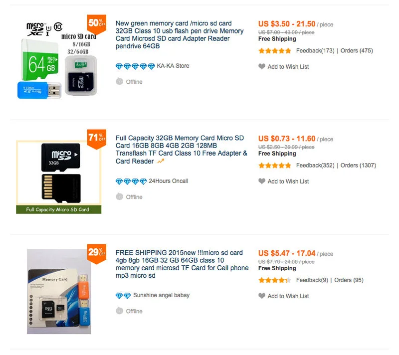 Karty microSD w serwisie AliExpress.com.
