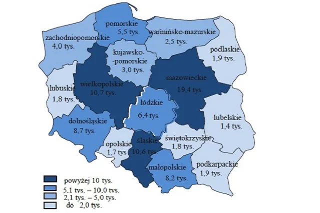 Ilość miejsc w pracy w tysiącach z podziałem na województwa.