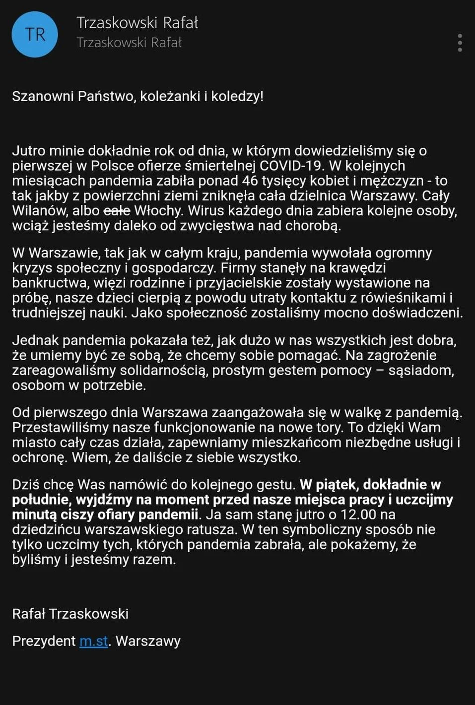 Wiadomość otrzymać mieli wszyscy urzędnicy.