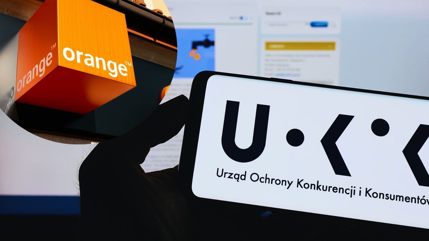 Logo sieci Orange wklejone na tle telefonu na, którym wyświetlone jest logo UOKiK. 34 mln zł kary od UOKiK. Orange z gorzkim smakiem porażki