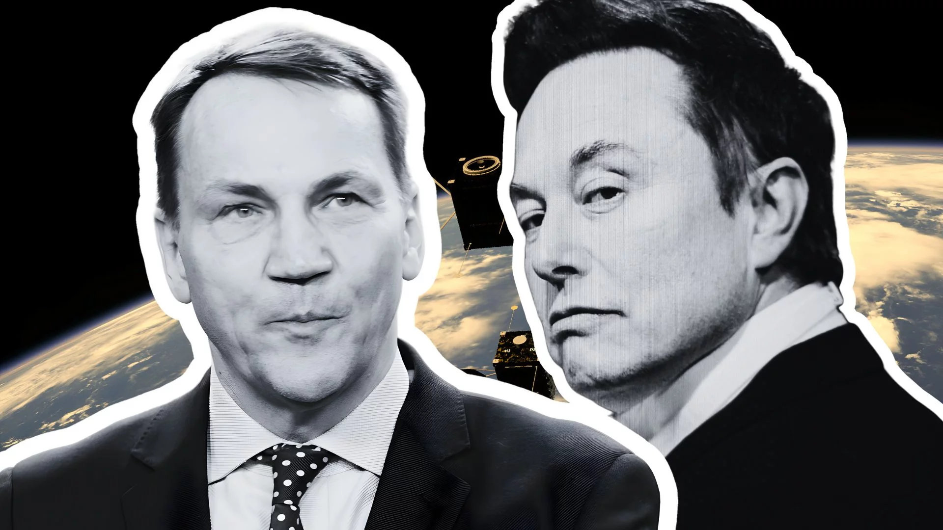 Radosłąw Sikorski i Elon Musk na tle widoku Ziemi z kosmosu