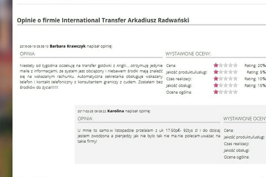 Skargi użytkowników usług Intransfer24.com na stronach centrumopinii.com.