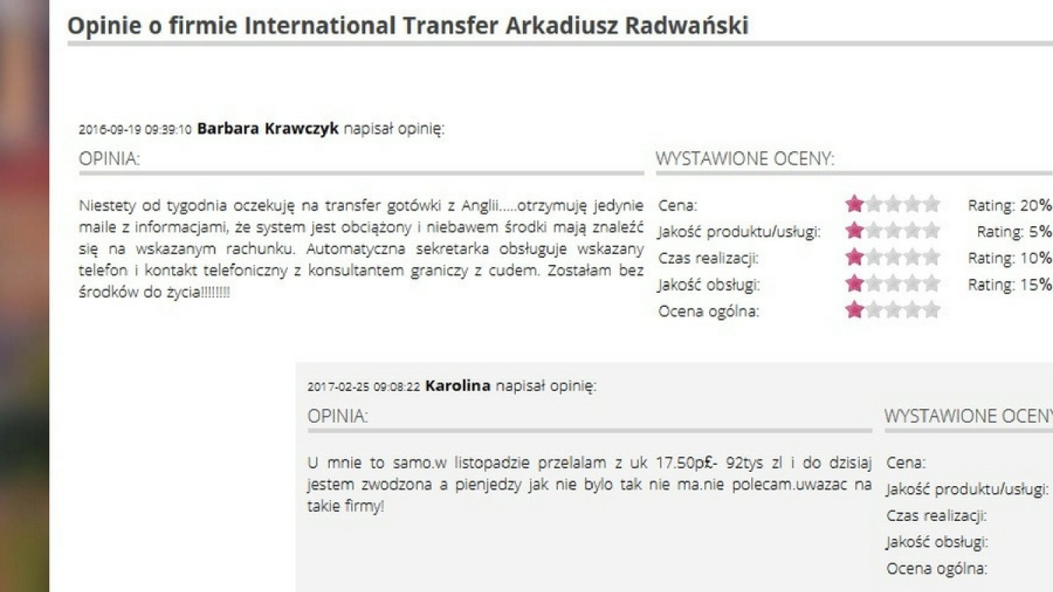 Skargi użytkowników usług Intransfer24.com na stronach centrumopinii.com.