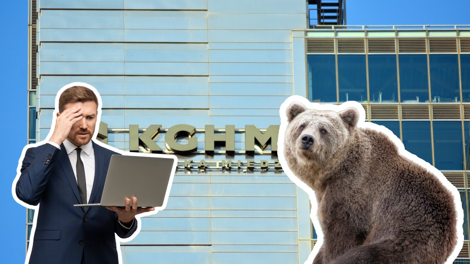 KGHM z nową ofertą. Giełdowych niedźwiedzi jednak nie przegonił Logo KGHM, inwestor, niedźwiedź.