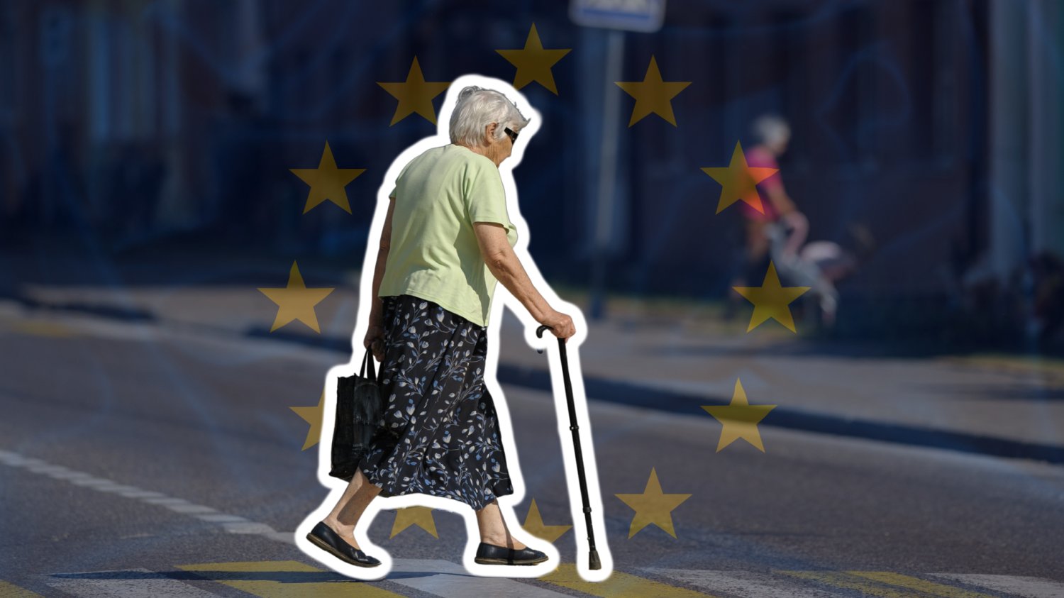 Polska starzeje się szybciej niż reszta Europy. Nadciąga era srebrnego społeczeństwa Starsza kobieta z laską i torbą z zakupami przechodząca przez pasy. W tle flaga Unii Europejskiej.