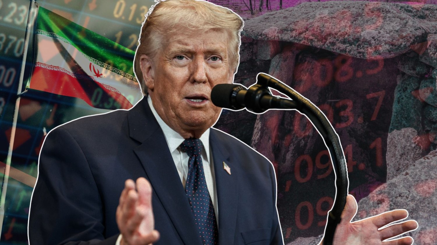 Orędzie Trumpa uderzyło w waluty i złoto. Cofnie Iran do "epoki kamienia" Prezydent USA Donald Trump na tle flagi Iranu, epoki kamienia i spadków na giełdzie.