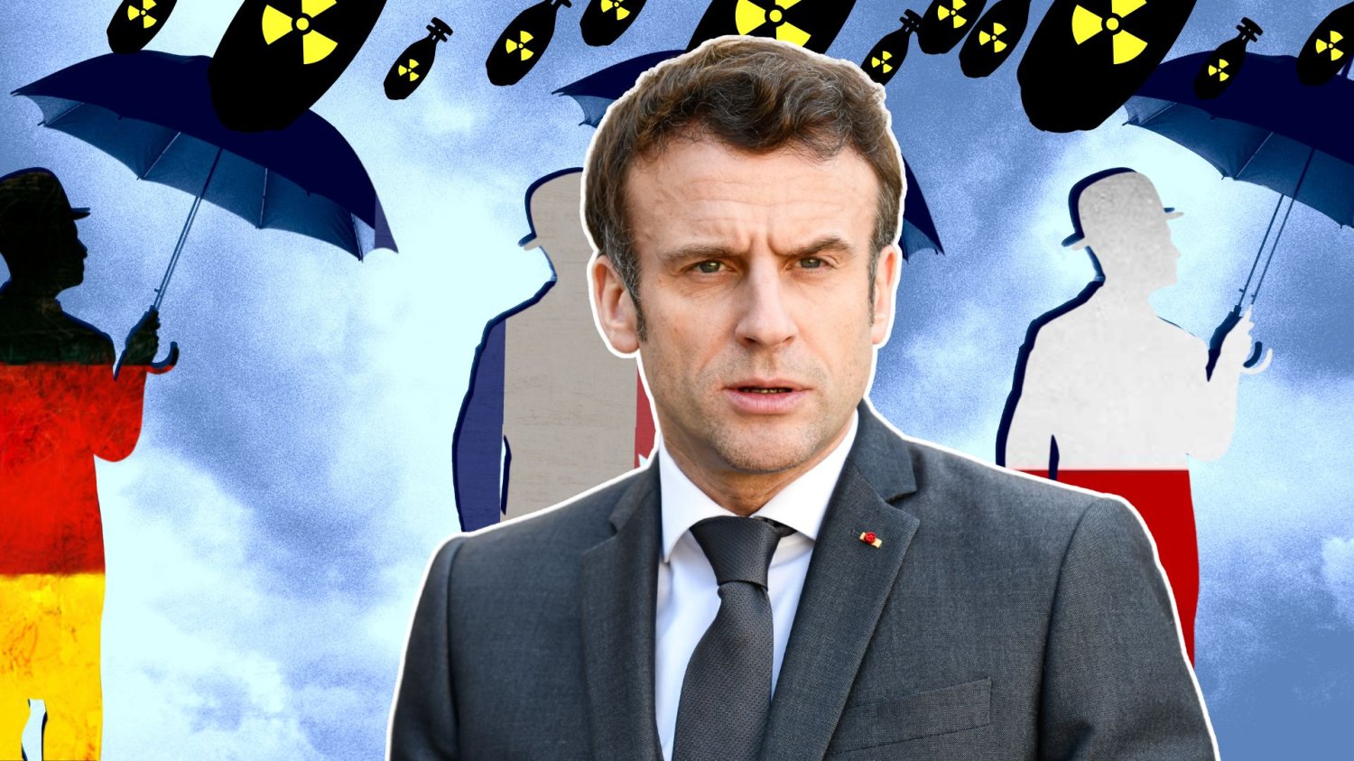Macron składa Polsce "dużą ofertę". Francuzi mogą dać nam potrzymać nuklearny parasol Emmanuel Macron na tle mężczyzn w kolorach flag Niemiec, Francji i Polski, trzymających parasole przed bombami.