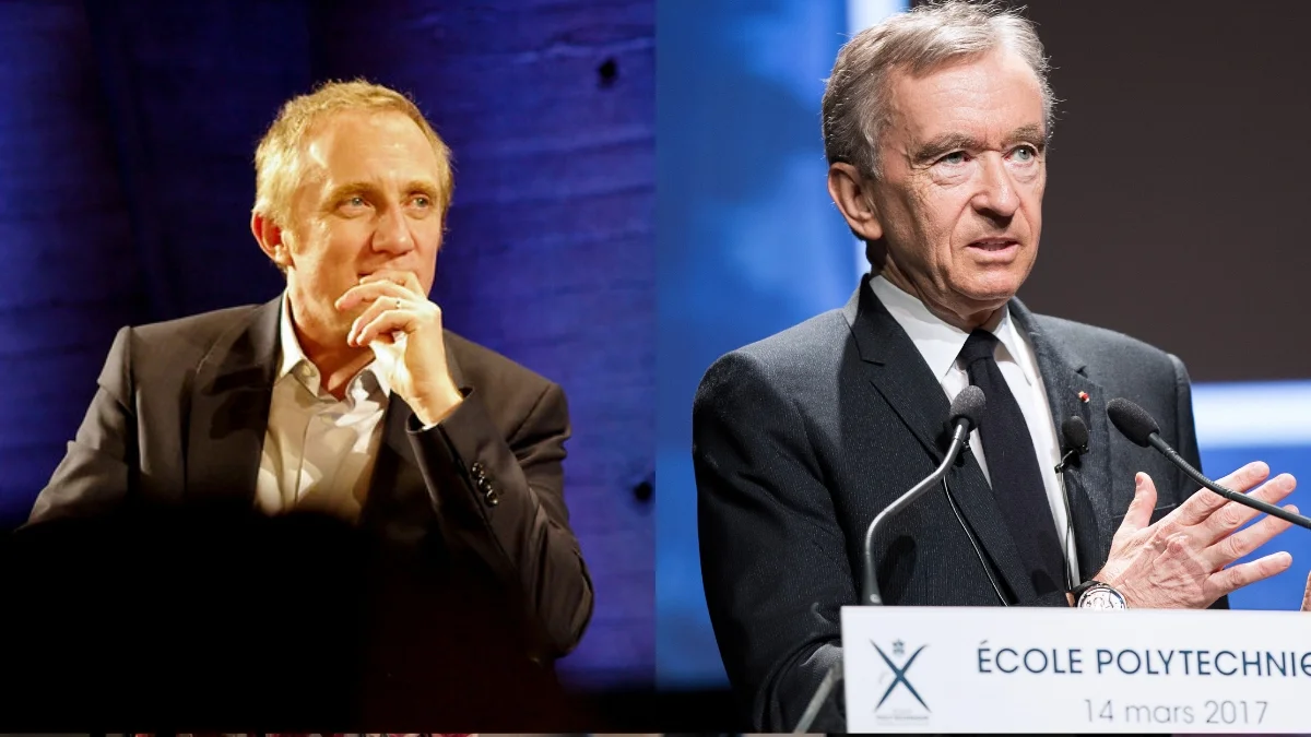 François-Henri Pinault, prezes grupy Kering oraz Bernard Arnault, prezes grupy LVMH. Obaj zadeklarowali finansową pomoc w odbudowie spalonej katedry Notre-Dame w Paryżu.