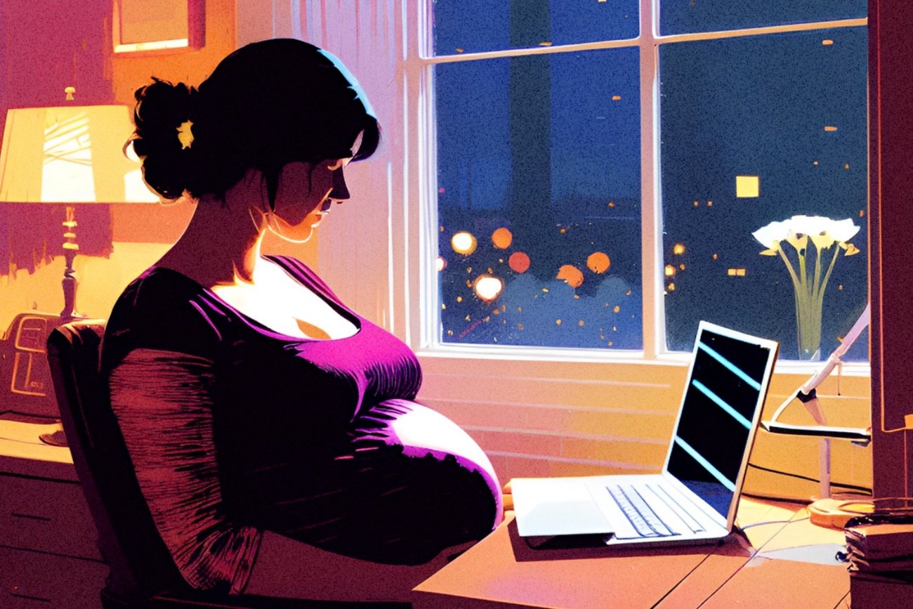 Ciężarna przy komputerze.