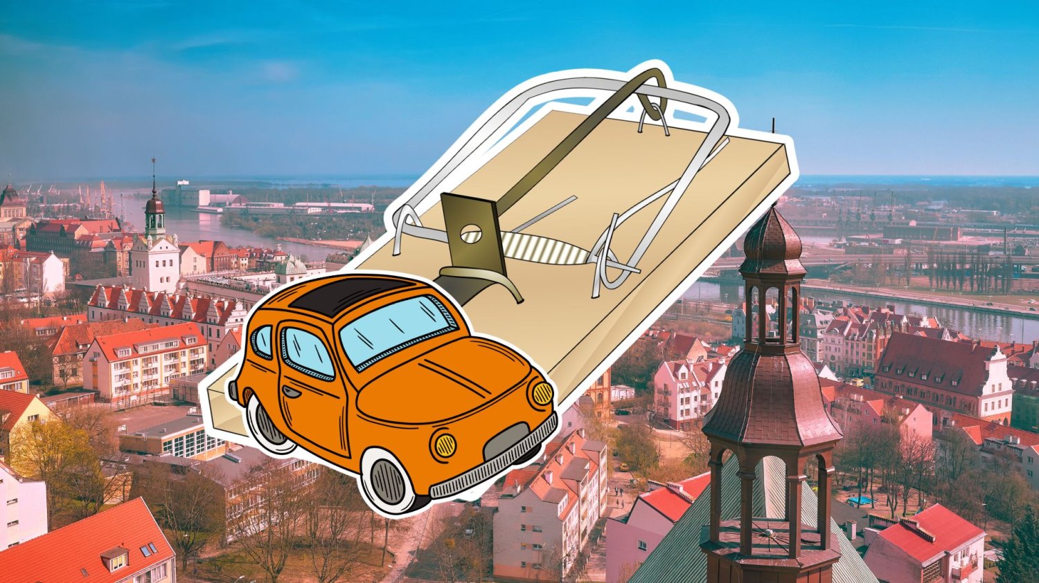 auto w pułapce na myszy na tle panoramy Szczecina