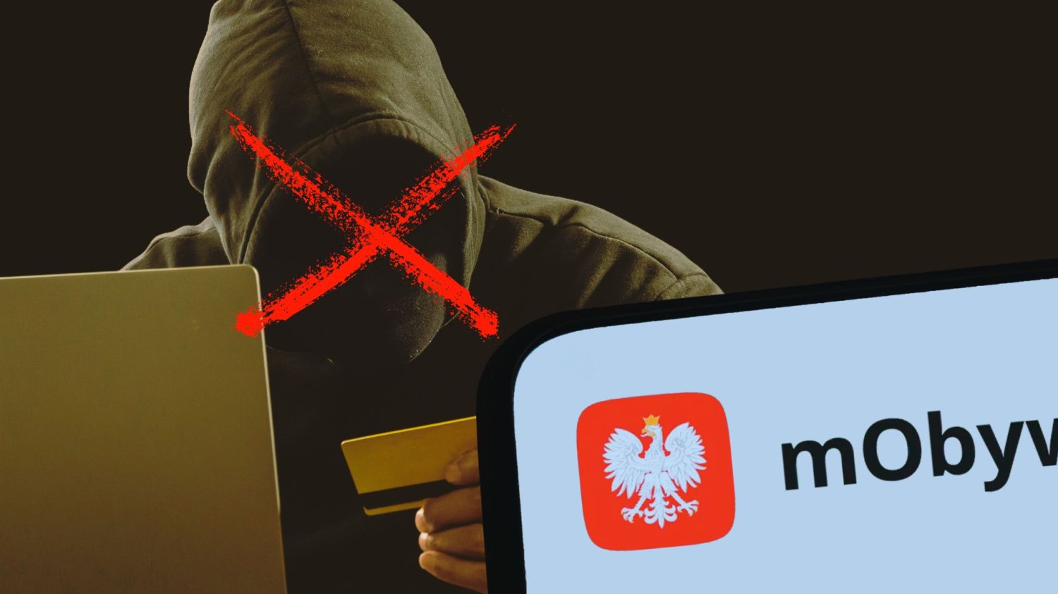 Zamaskowany mężczyzna z kartą płatniczą przed laptopem, smartfon z aplikacją mObywatel. Rekordowe statystyki mObywatela. Polacy masowo chcą chronić wrażliwe dane