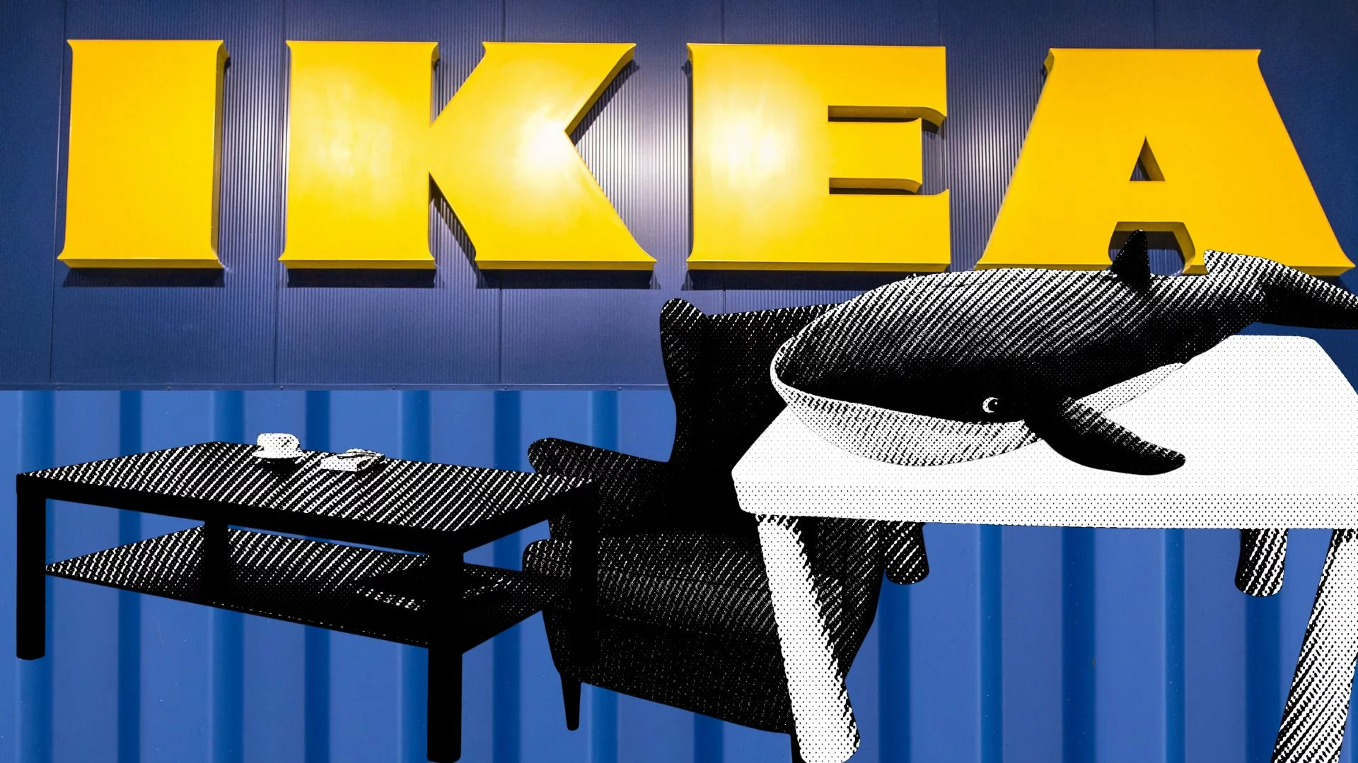 Produkty wystawiona na Ikea Second-hand na tle logo szwedzkiej firmy. Platforma do wymiany i sprzedaży używanych towarów ruszyła w Polsce.