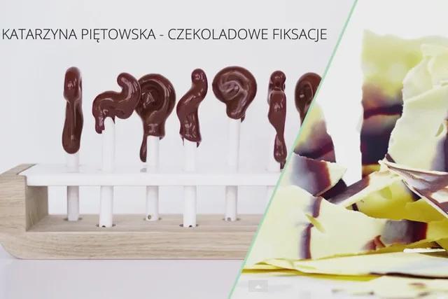 Chocolate Fixation - ceramiczne lizaki o fantazyjnych kształtach vs. czekoladowy łamaniec biało-brązowych, delikatnych płatków