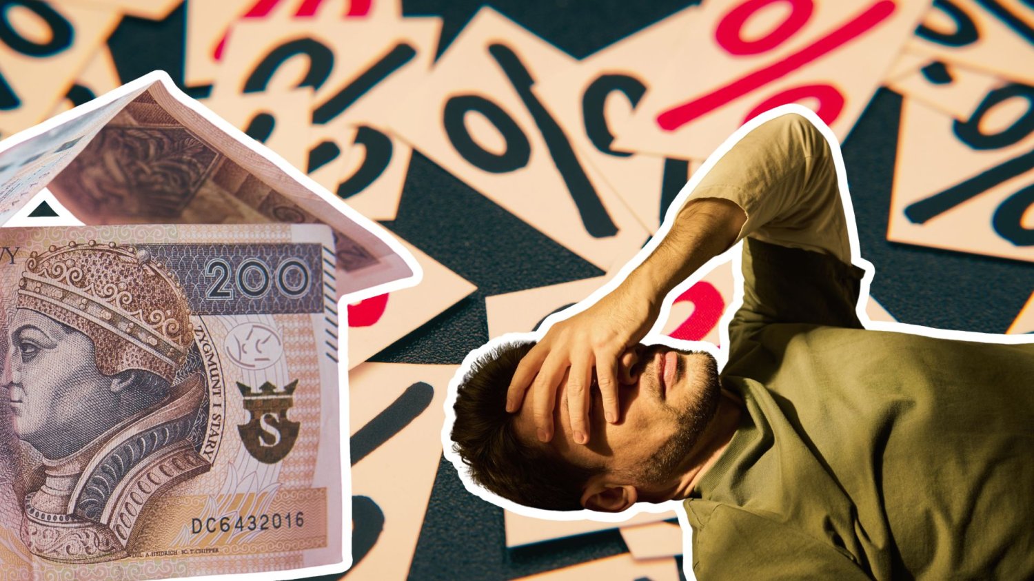 Koniec spokoju w kredytach. RPP otwiera drzwi do podwyżek stóp procentowych Tło z kartek z symbolem procentów, załamany człowiek, który leży i domek z polskich banknotów. Koniec ery spokoju. RPP przyznaje: podwyżki są na stole.