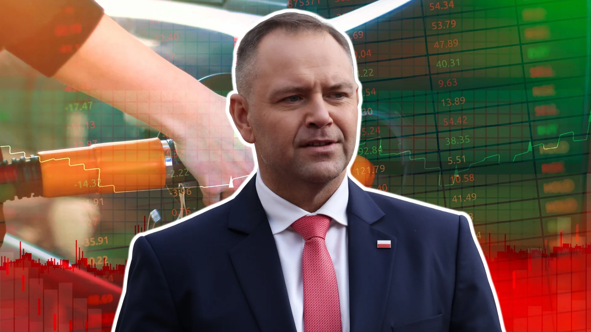 Nawrocki. W tle stacja benzynowa i wykresy giełdowe