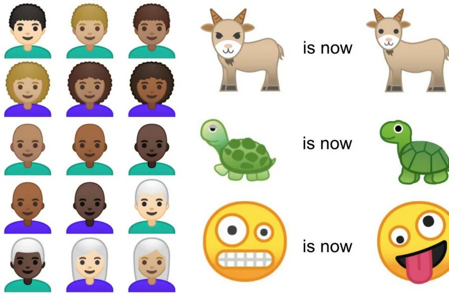 Przykłady nowych (po lewej) i zmodyfikowanych (po prawej) emoji.