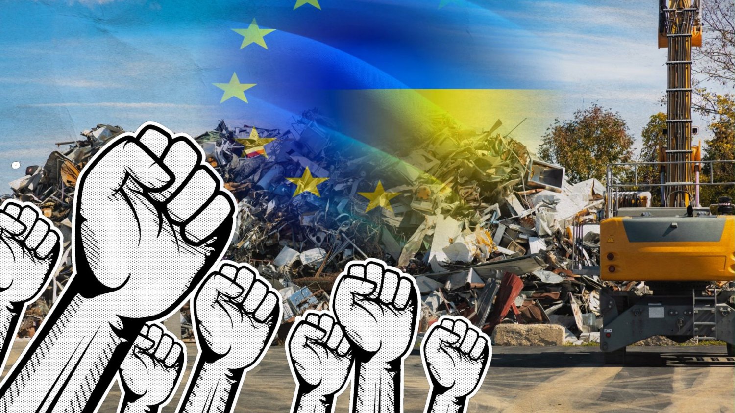 Złom, uniesione ręce i flagi Unii Europejskiej i Ukrainy.