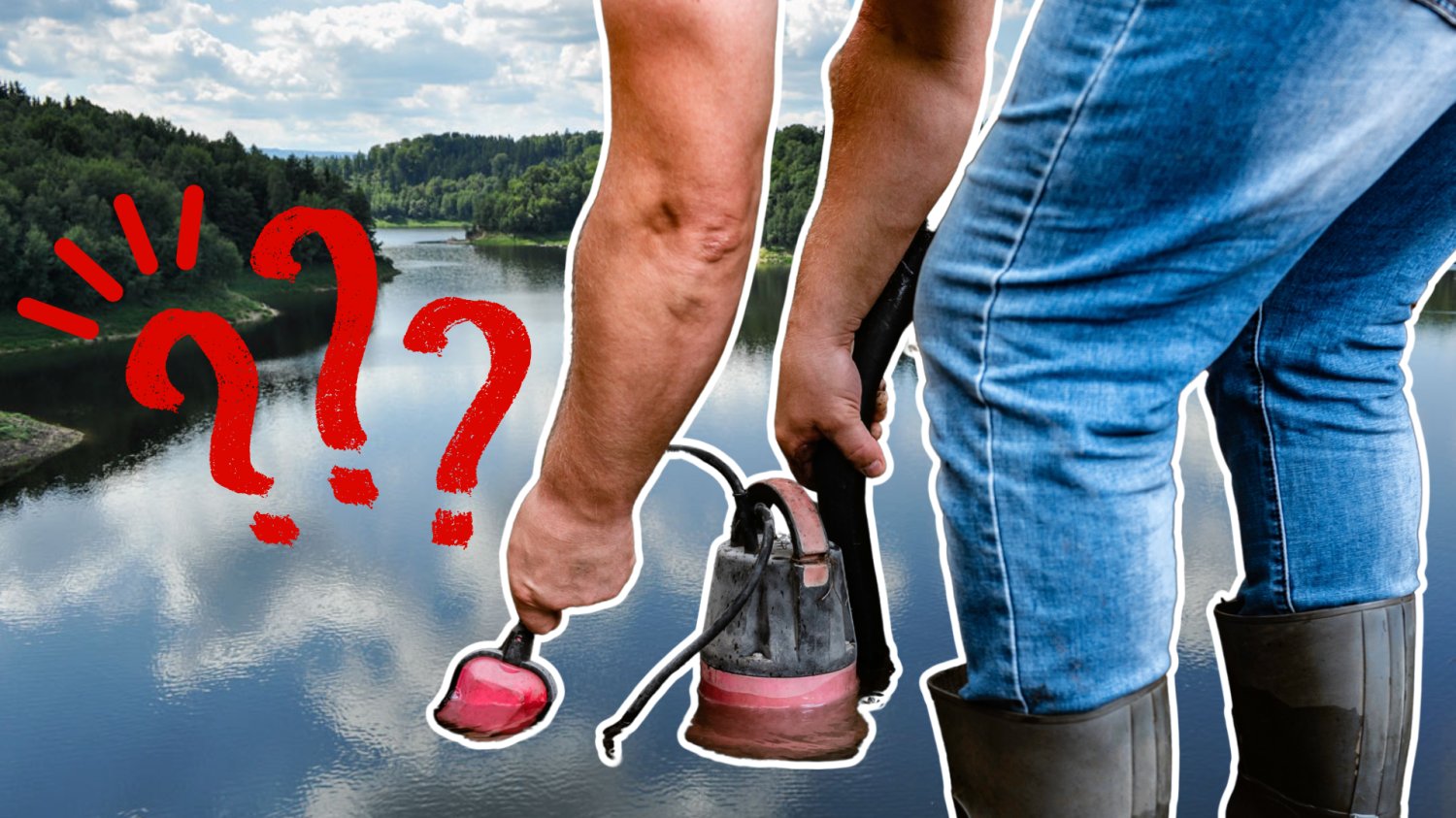 Mężczyzna wypompowuje wodę z jeziora. Znaki zapytania.