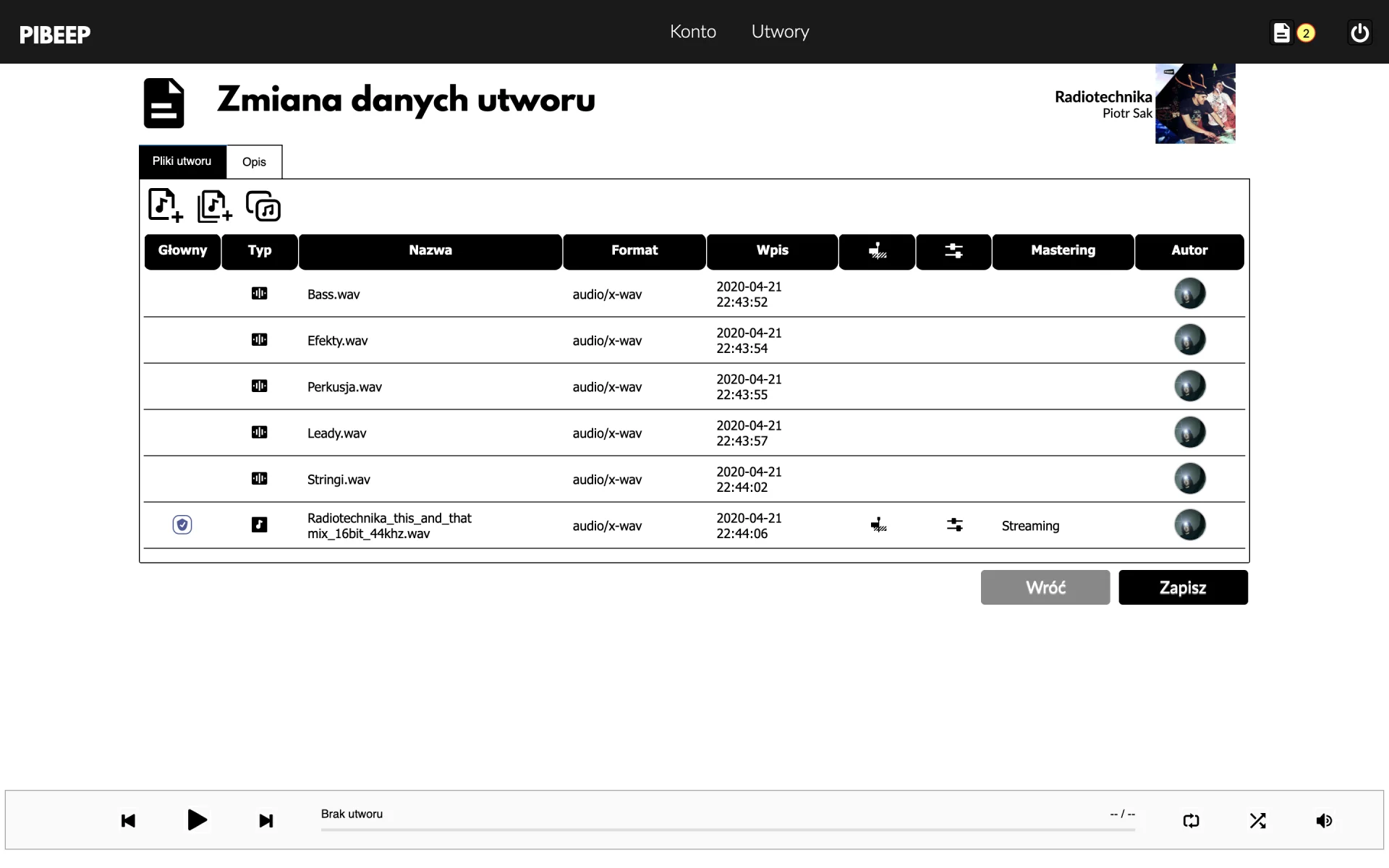 Wgląd do projektu muzycznego w PIBEEP stworzonego przez Piotra Saka.