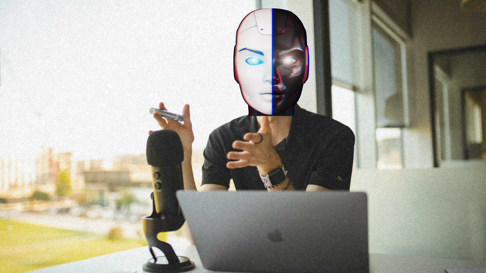 Mężczyzna nagrywa podcast. W internecie coraz więcej podcastów wygenerowanych przez AI