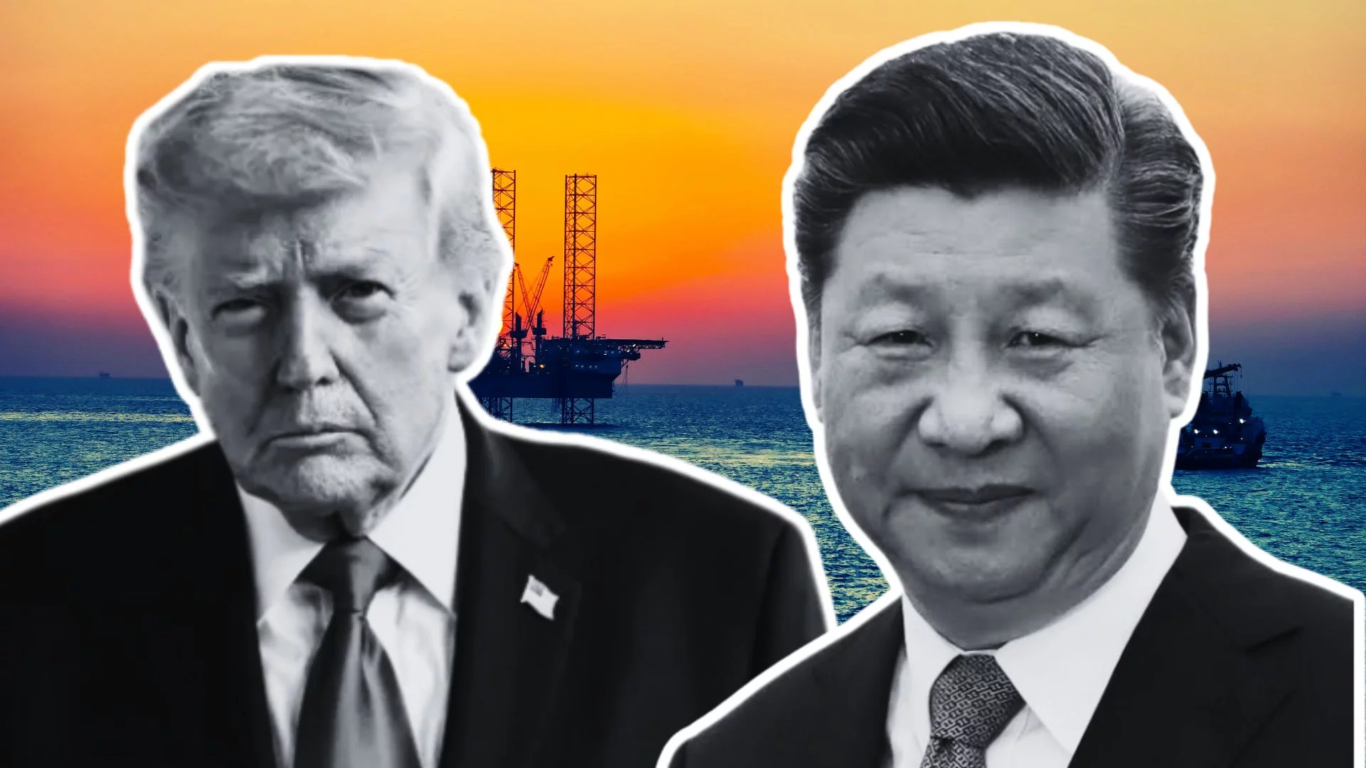 Donald Trump i Xi Jingping na tle morskiej platformy naftowej