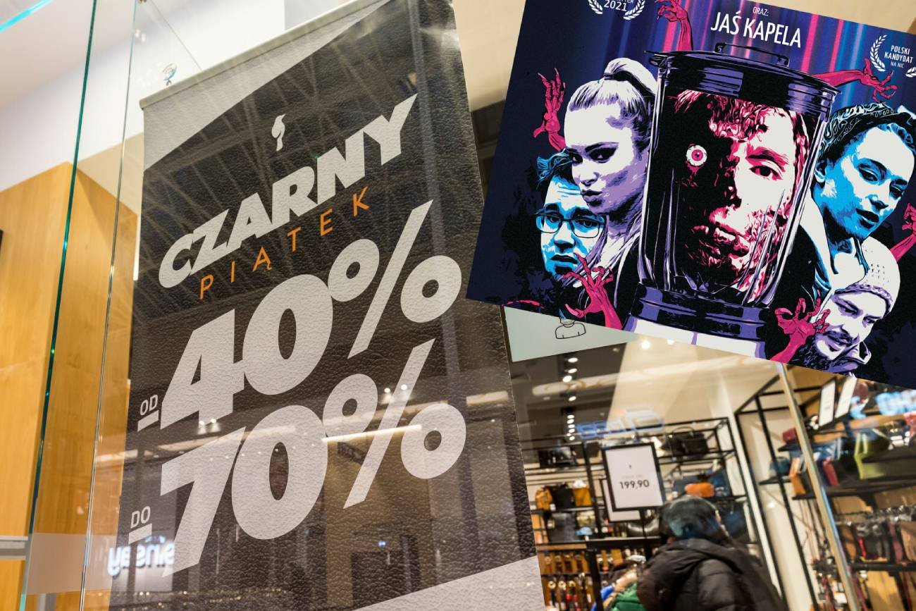 plakaty z obniżkami z okazji Black Friday oraz horroru z Jasiem Kapelą