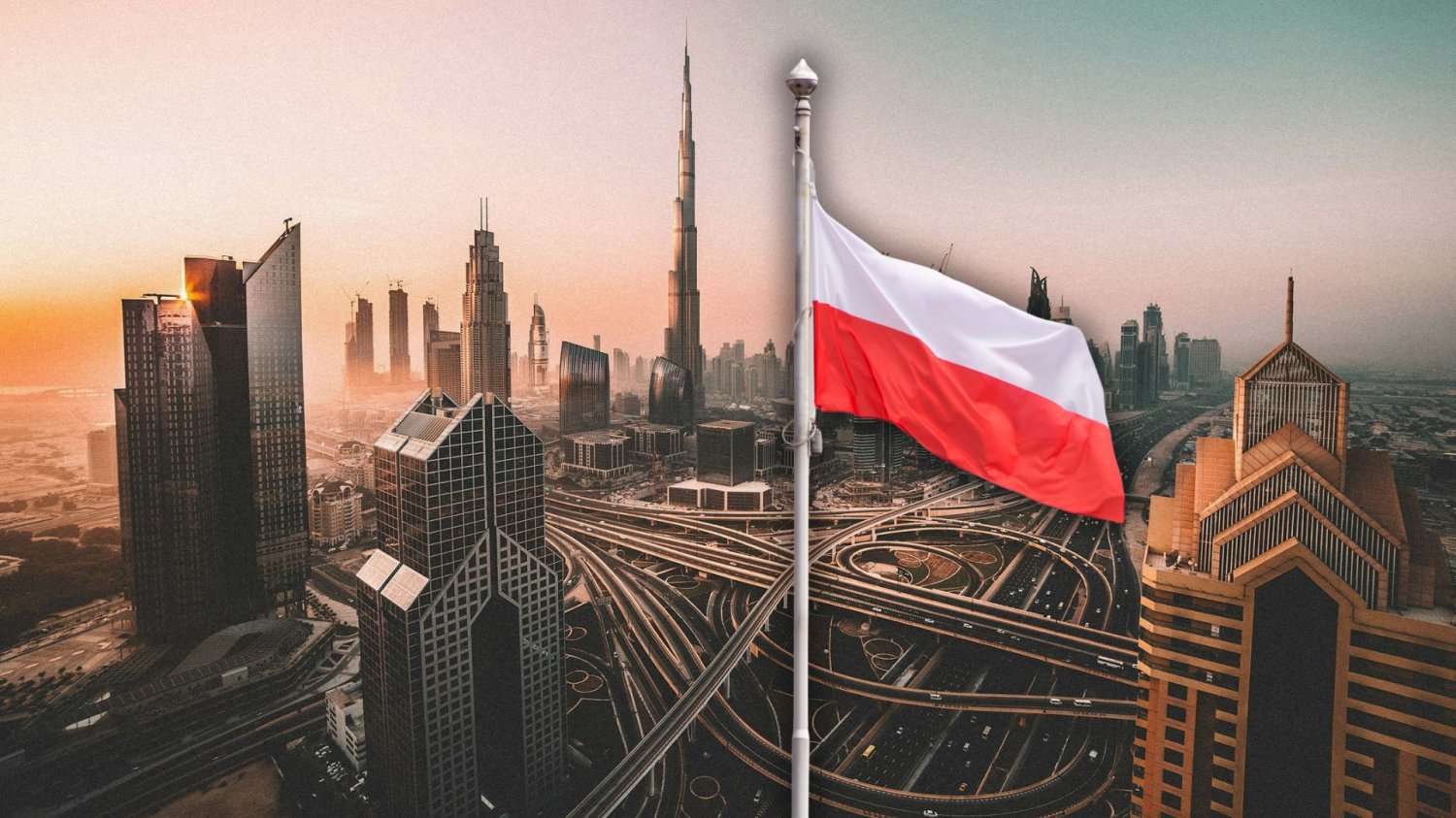 Polska flaga na tle wieżowców w Dubaju.