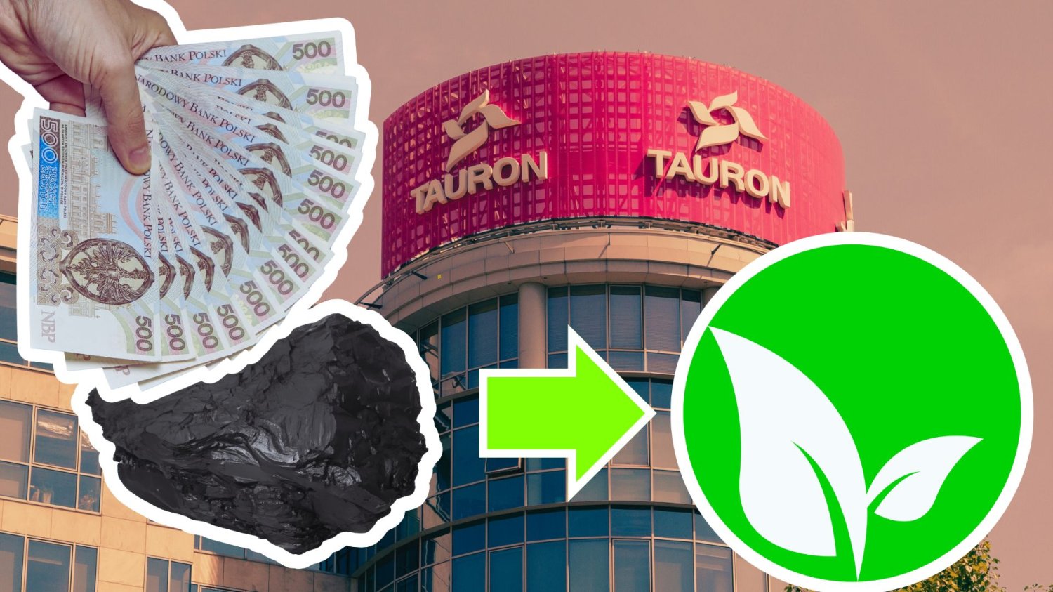 Tauron inwestuje w Śląsk 25 miliardów. Do 2030 węgiel ma odejść do lamusa Siedziba Grupy Tauron, węgiel z strzałką do symbolu ekologii oraz ręka z banknotami 500 zł. Tauron inwestuje w Śląsk 25 miliardów. Zamiast węgla będzie OZE.