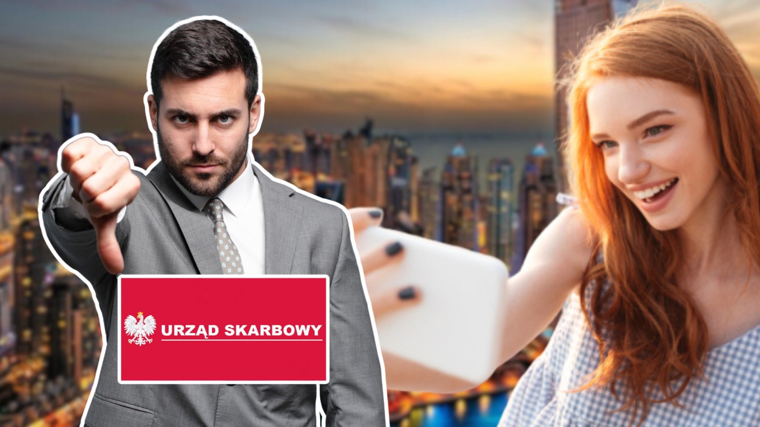 Polscy influencerzy pokochali Dubaj. Fiskus raczej nie jest zachwycony Niezadowolony urzednik z urzędu skarbowego. W tle kobieta robiąca sobie zdjęcia i Dubaj.