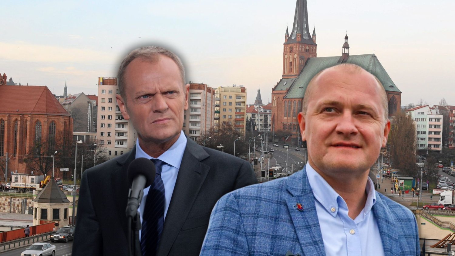 Premier Donald Tusk (z lewej) i prezydent Szczecina Piotr Krzystek (z prawej) na tle Szczecina. Miasto pozywa Skarb Państwa.
