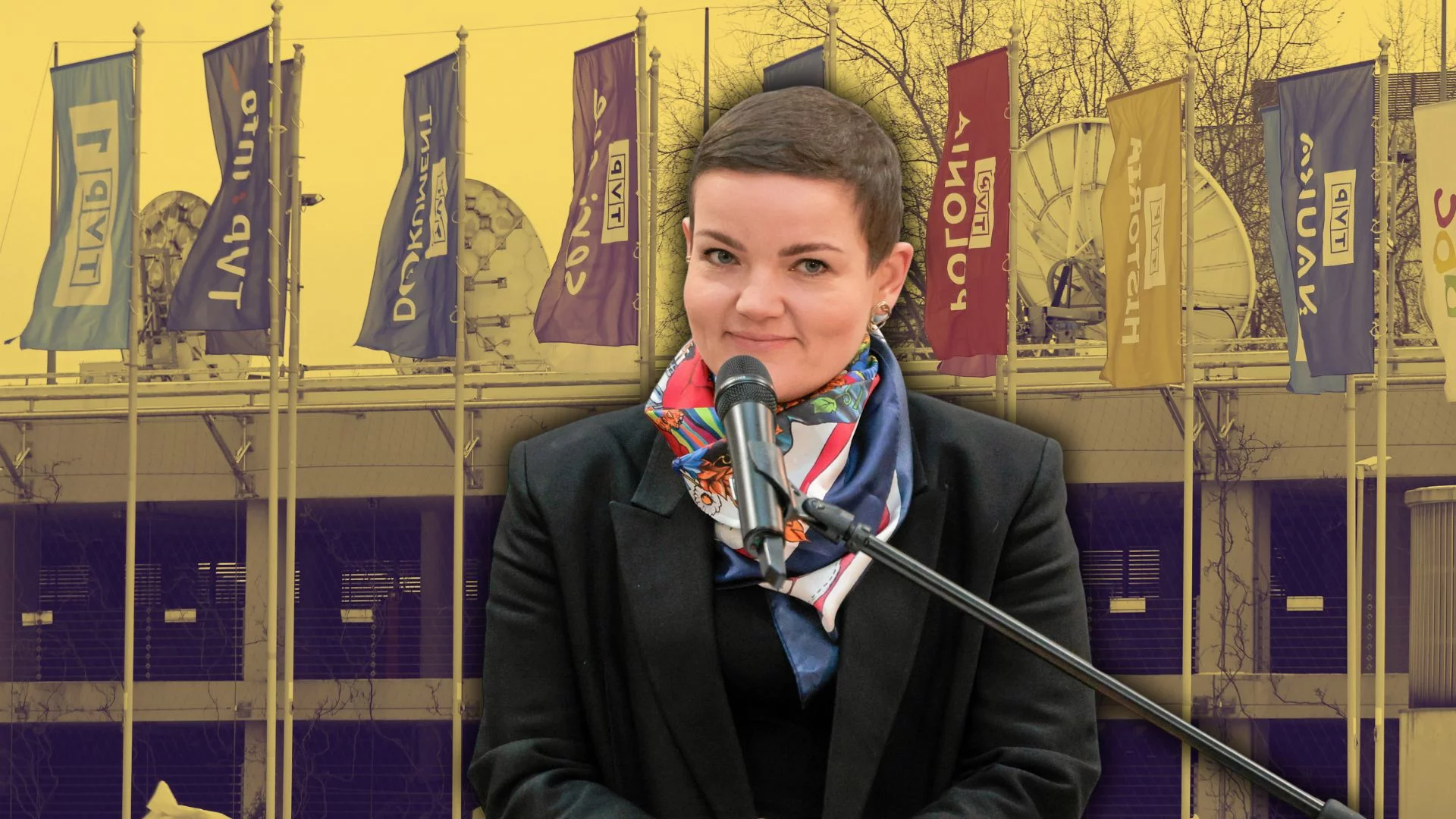 Marta Cienkowska na tle siedziby TVP. Ministra zapowiedziała nowelizację ustawy medialnej.