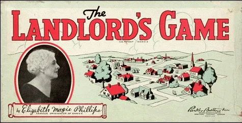 Pudełko z grą "The Landlord's Game". Na dole po lewej: Elizabeth Magie.
