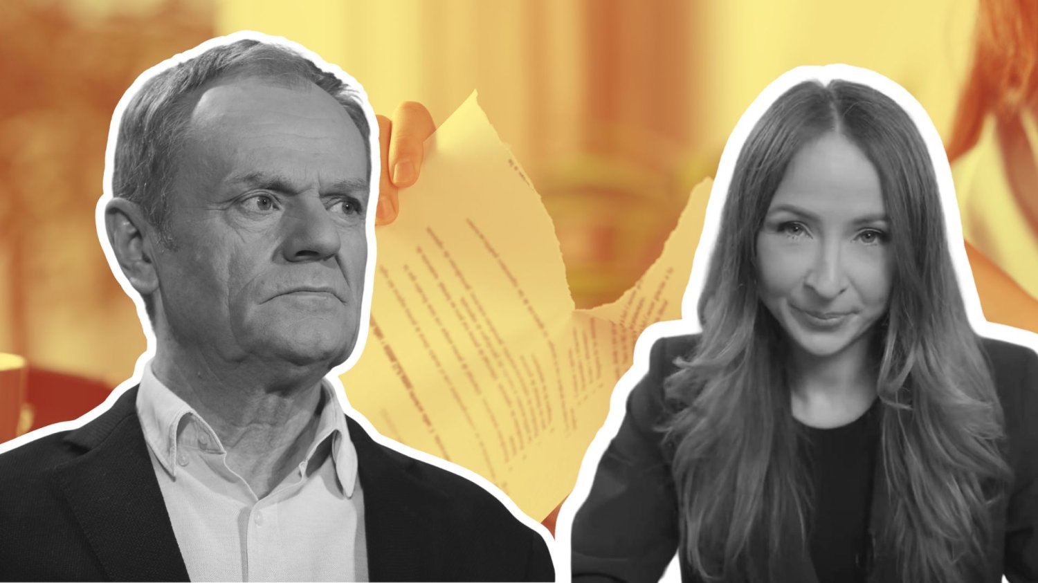 Premier Donald Tusk i Agnieszka Dziemianowicz-Bąk na tle podartej umowy o pracę. Reforma PIP wróci w nowej postaci.