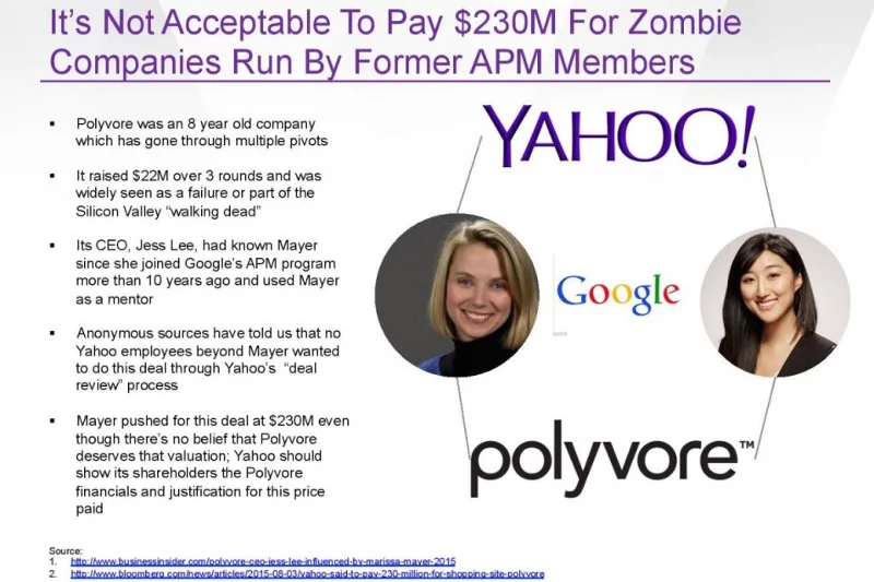 Opracowany przez Erica Jacksona raport o kondycji finansowej Yahoo przyjął formę prezentacji. Jeden ze slajdów poświęcony jest powiązaniom osoby szefowej Yahoo z założycielką jednej z przejętych spółek