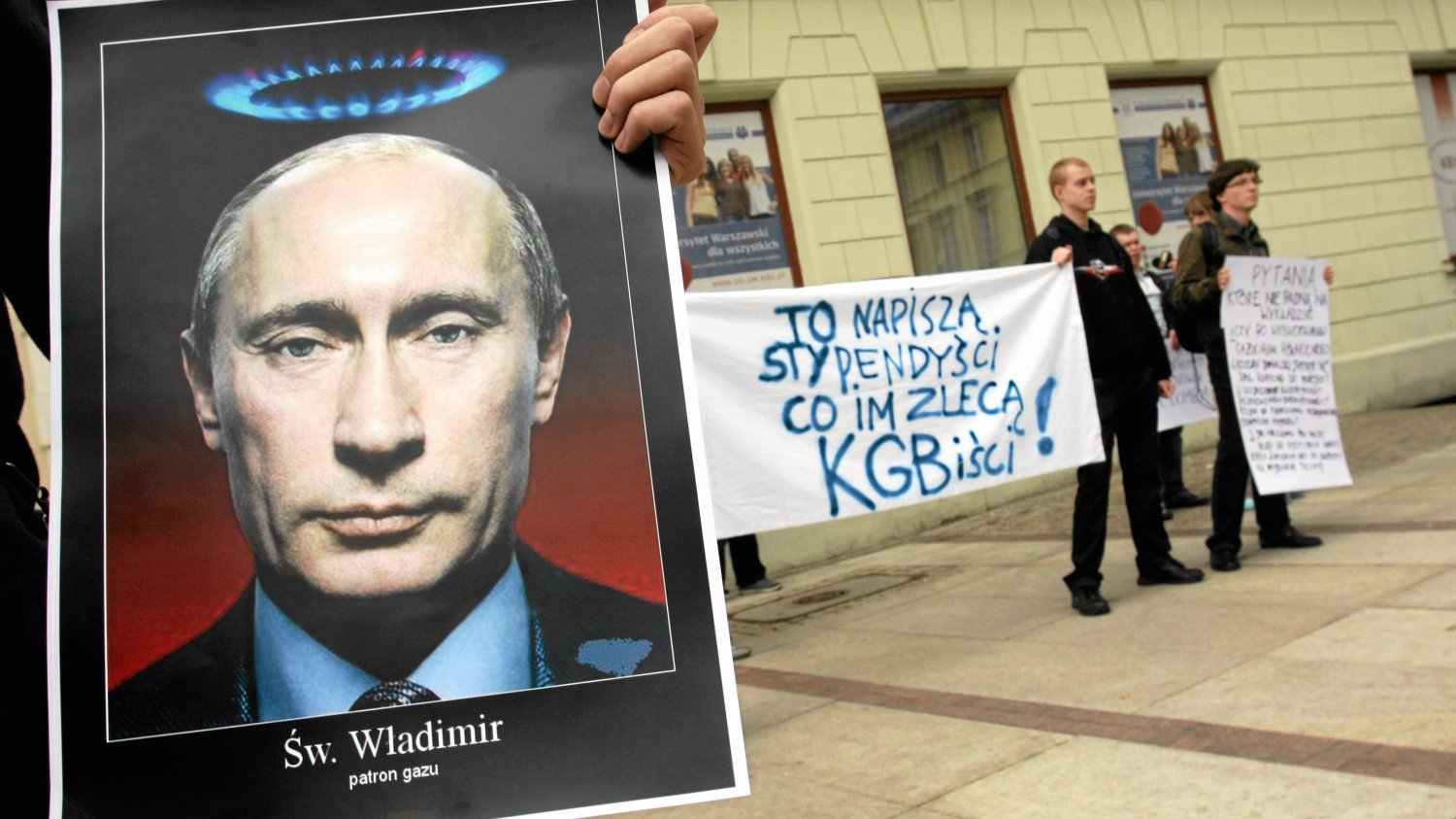 Happening studentów przed wykładem zastępcy prezesa Gazpromu Aleksandra Miedwiediewa na UW