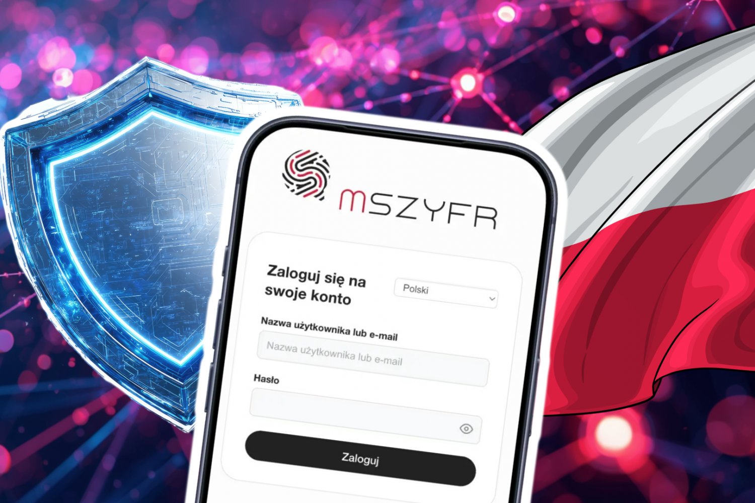 Aplikacja mSzyfr na smartfonie. W tle cybernetyczny świat i cyber tarcza. I flaga Polski.