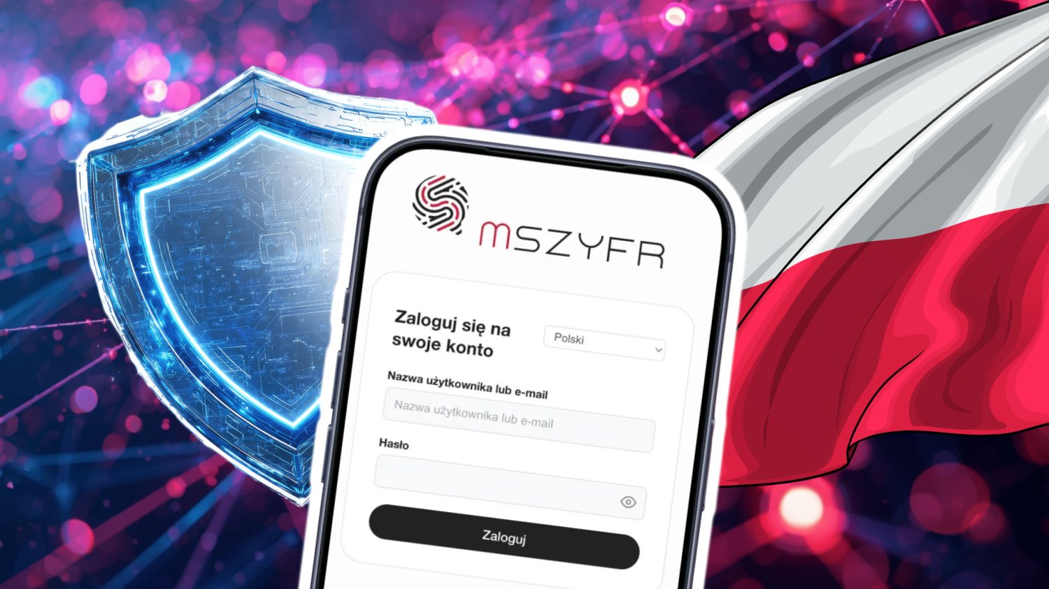 Aplikacja mSzyfr na smartfonie. W tle cybernetyczny świat i cyber tarcza. I flaga Polski.