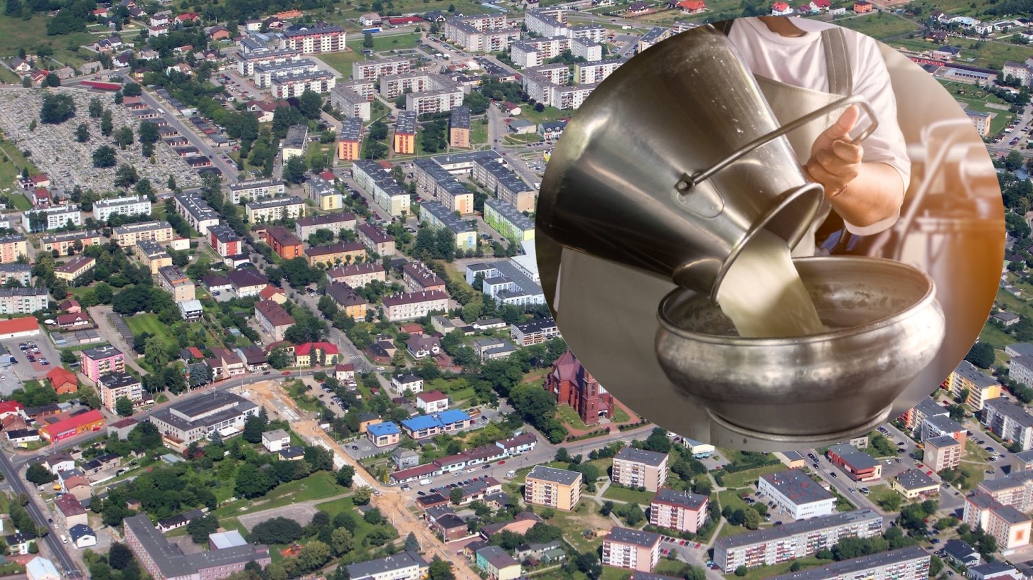Śląskie z falą zwolnień w mleczarniach. Ponad 100 osób na bruk Myszków z lotu ptaka i wklejone w kółku mleko przelewane do pojemnika. Fala zwolnień w mleczarniach w śląski. Ponad 150 osób na lodzie