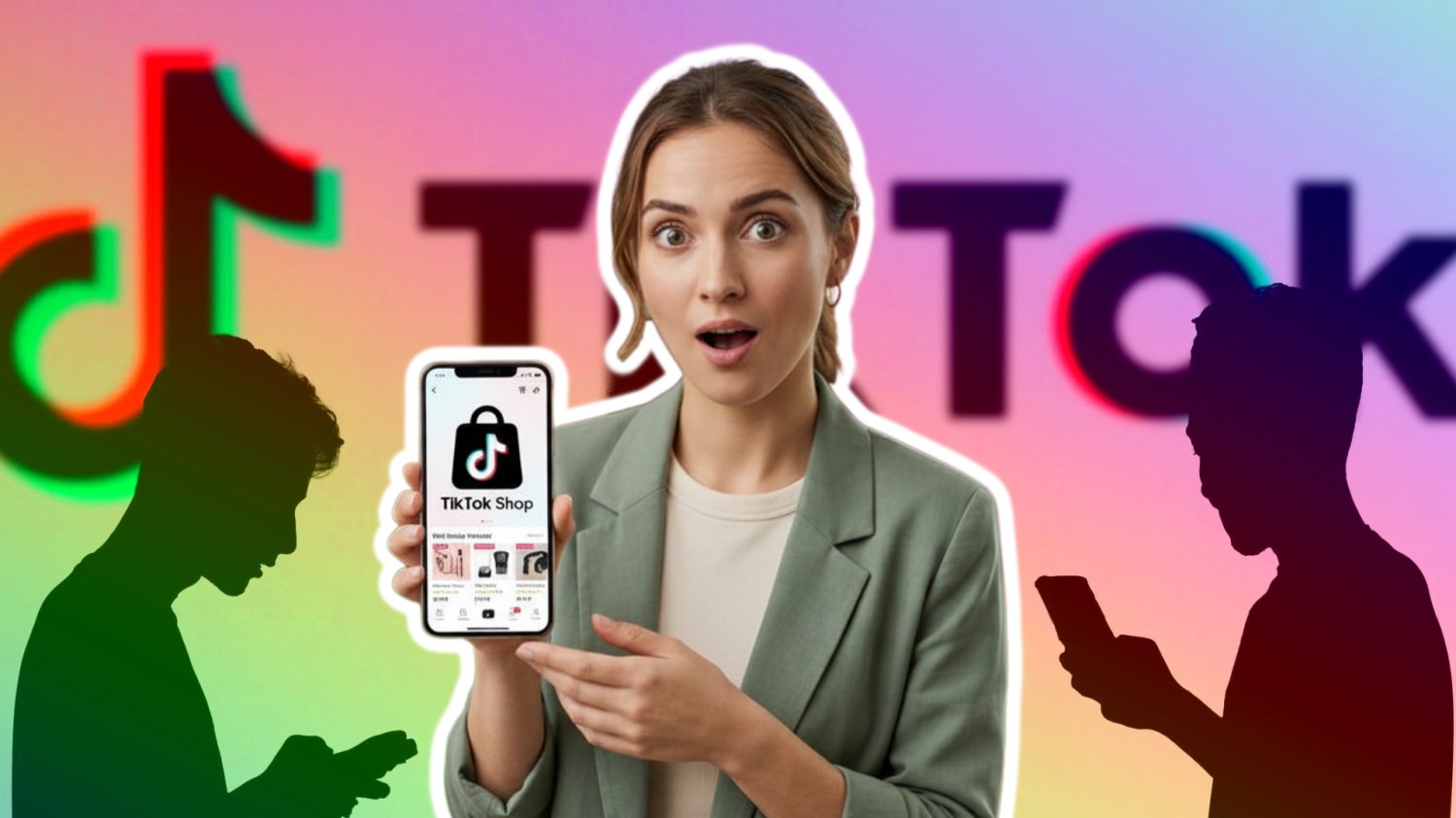 Kobieta z telefonem i włączoną aplikacją TikTok Shop. Zaskoczona. W tle inne osoby korzystające z telefonów i wielki napis Tik Tok.