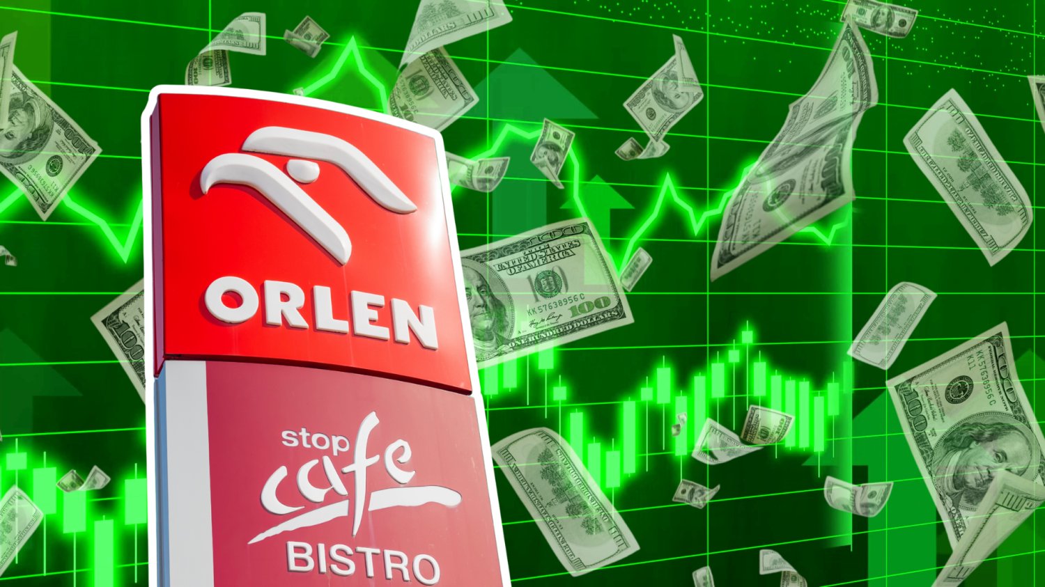 Orlen logo. W tle wykres na zielono. Deszcz pieniędzy.