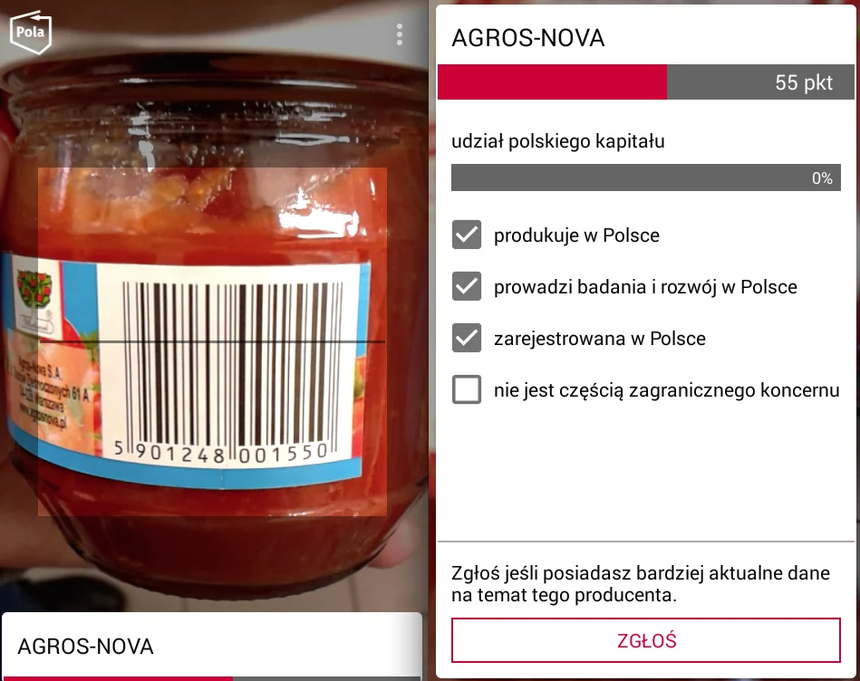 Koncentrat pomidorowy Włocławek, według Poli firmy Agros Nova, 55 punktów. W rzeczywistości należy do Grupy Maspex i powinien dostać 100 punktów
