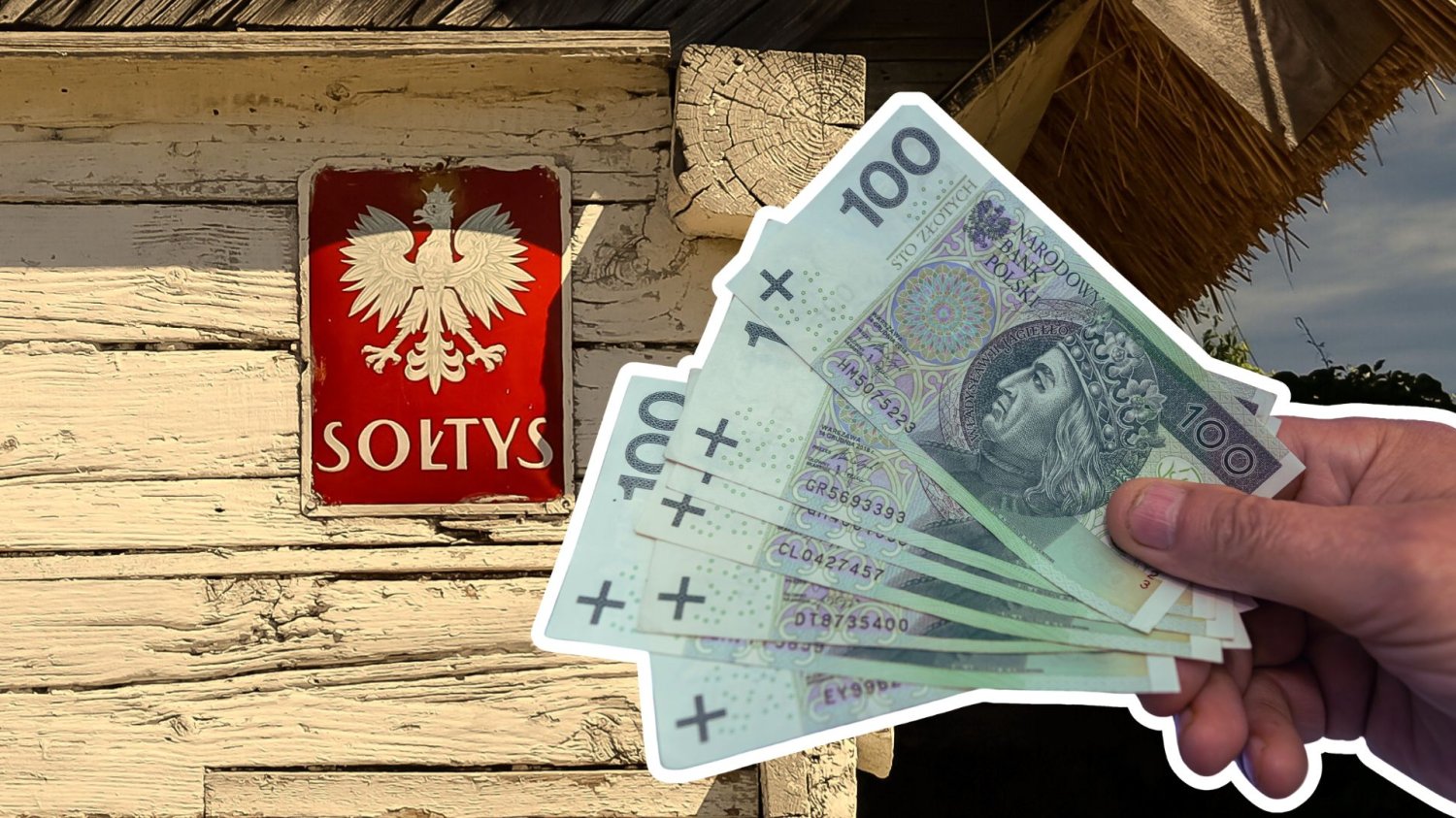 Podwyżki świadczeń dla sołtysów. Dobre wieści dla zarządców wsi Chatka z tabliczką sołtysa i ręka z polskimi banknotami