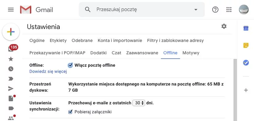 Żeby korzystać z Gmaila nie jest konieczne połączenie z siecią. Trzeba jednak pamiętać, żeby włączyć odpowiednią opcję w ustawieniach.