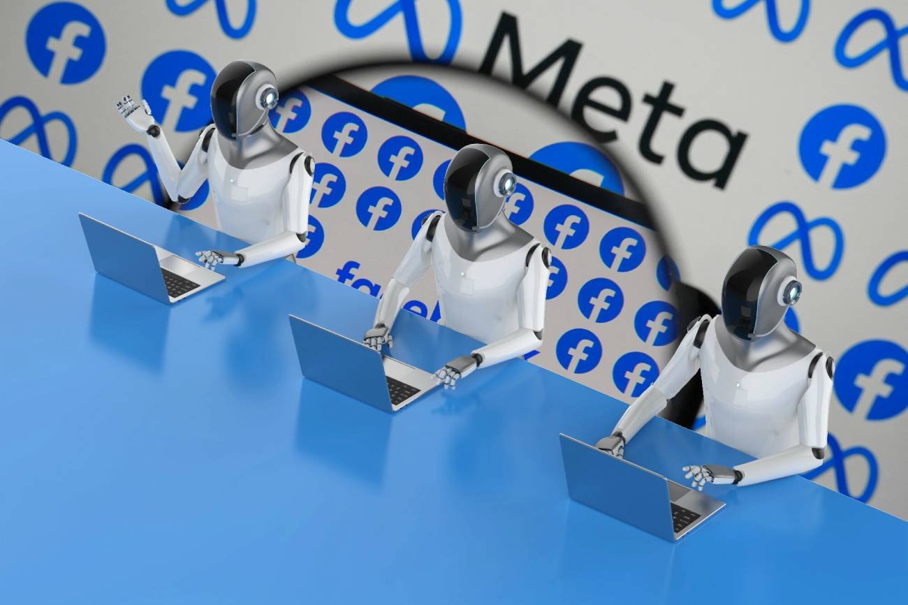 AI piszące na komputerach, na tle logo Facebooka i Mety.