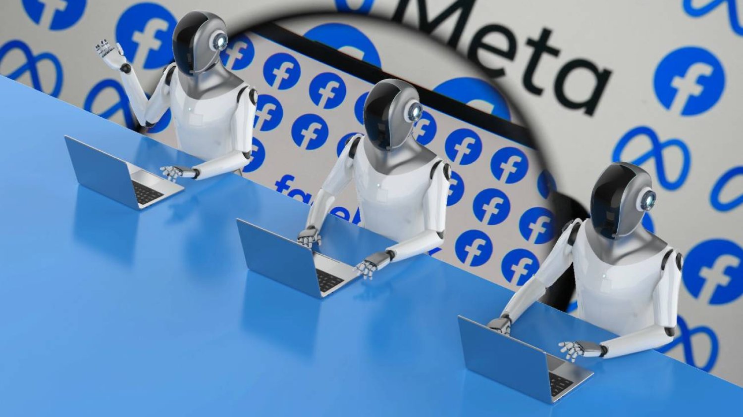 AI piszące na komputerach, na tle logo Facebooka i Mety.