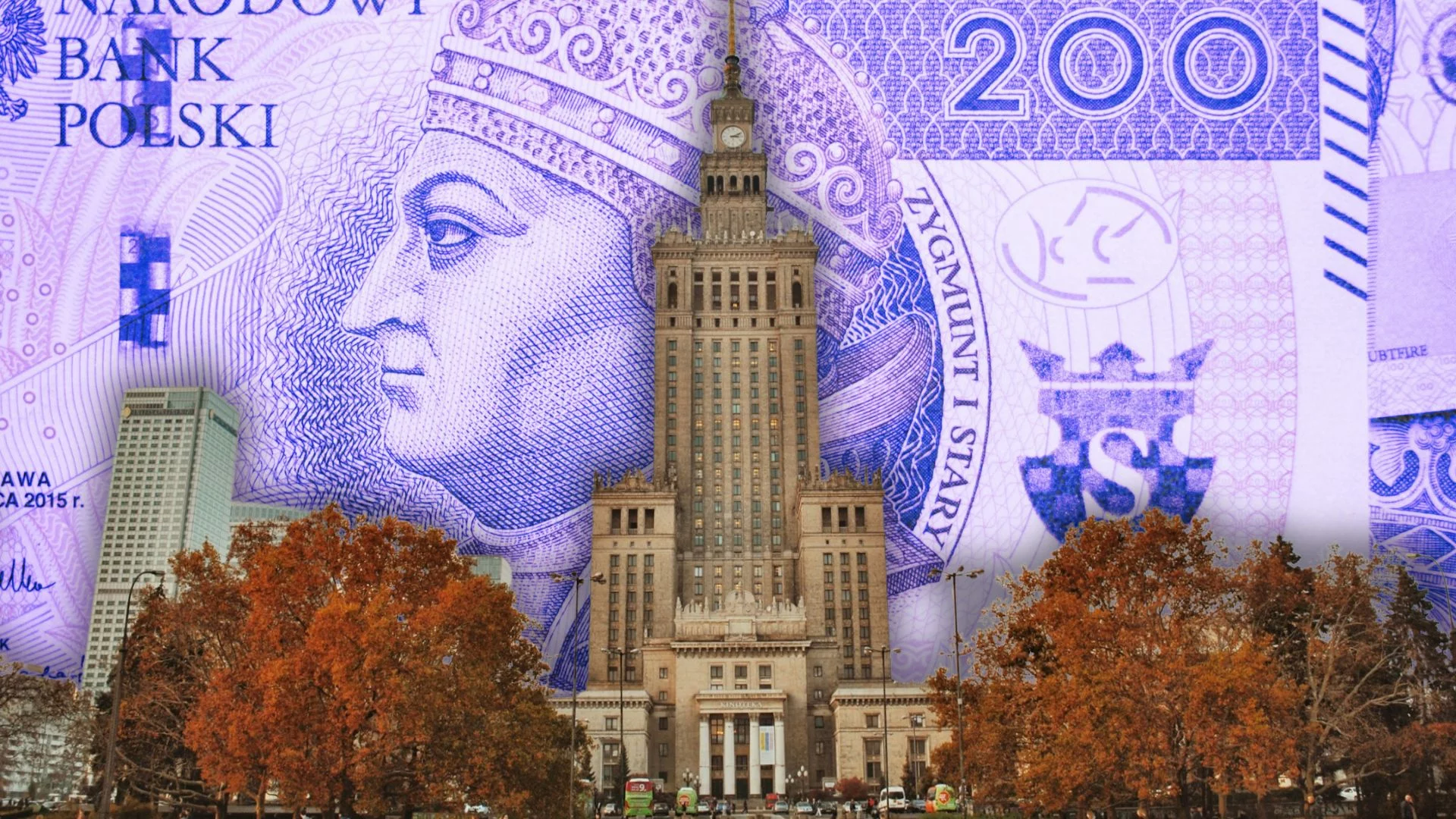 Pałac Kultury i Nauki na tle banknotu 200 zł.