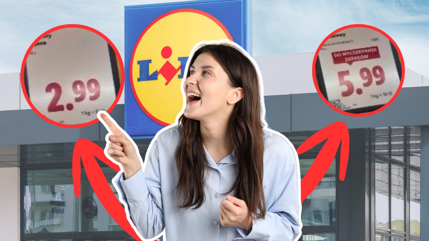 Kobieta zachwycona wskazuje na nowe ceny w Lidlu. W tle Lidl.