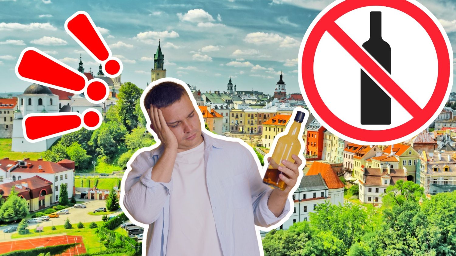 Człowiek z butelką alkoholu, znak zakazu alkoholu, panorama Lublina i wykrzykniki. Od 23:00 ani kropli. Lublin dołącza do 180 gmin z nocnym zakazem