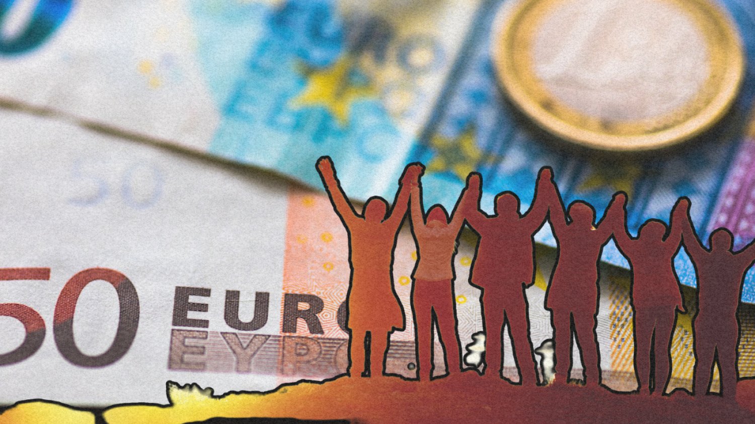 Radośni ludzie na tle euro.