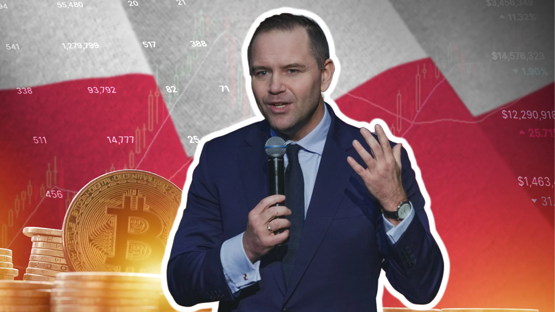 Polska nadal bez licencji MICA. Firmy krypto uciekają przed prawnym paraliżem Karol Nawrocki. W tle flaga Polski i kryptowaluty, m.in. BitCoin.